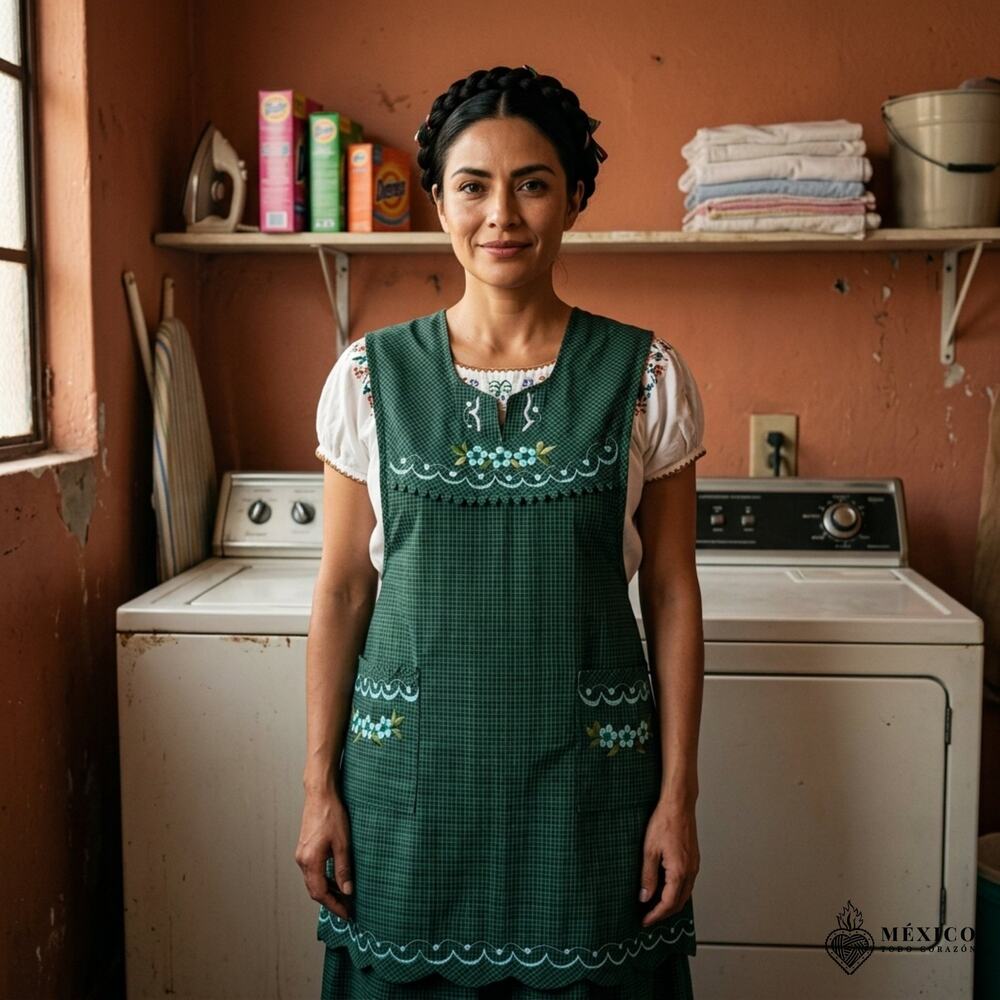 Green Mexican Embroidered Apron Essential Cotton Kitchen Apron Floral one size